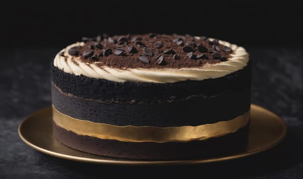 A round chocolate cake with brown frosting and a gold ribbon is sitting on a gold plate. The cake is decorated with chocolate shavings and chocolate chips. The background is dark.