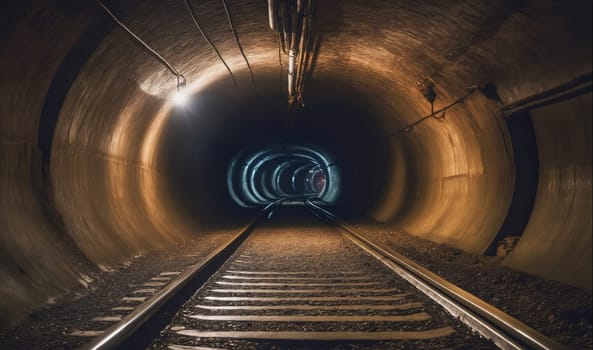 The image shows the inside of a long, dark train tunnel. The tunnel is lined with concrete and has a set of train tracks running down the center. The tracks are made of steel and are laid on a bed of gravel. The tunnel is lit by a single light at the end, which casts a long, narrow beam of light down the tunnel. The light creates a sense of depth and mystery, making the tunnel seem even longer and darker.