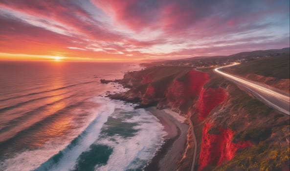 The image shows a view from above, looking down at a winding road that runs along a cliff overlooking the ocean. The sun is setting in the background, casting a warm glow over the sky and the water. The waves are crashing against the shore, and the cliff is covered in a layer of red rock.