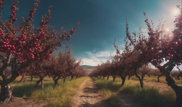The image shows a path through a lush apple orchard. The apple trees are laden with red apples and the ground is covered with green grass. The sky is blue and there are white clouds in the distance. The sun is shining brightly.