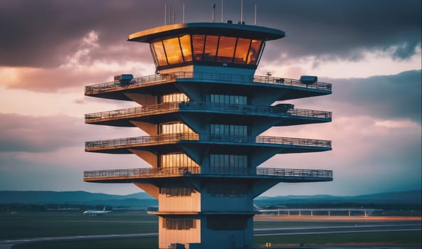 The image shows a tall, multi-level control tower at an airport. The tower has several levels, each with a balcony and windows. The tower is illuminated by the setting sun, casting long shadows across the ground. In the distance, a plane is taxiing on the runway. The sky is a mix of blue and purple, with a few clouds.