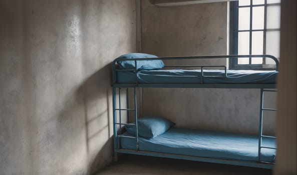 A bunk bed is in a small room with a window. The bed is made with blue bedding and pillows. The walls are concrete. The room is dimly lit.