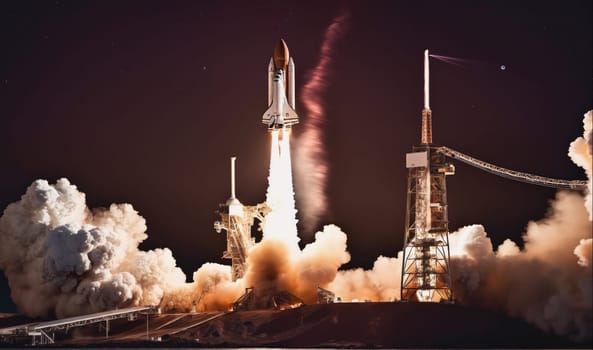 The image shows a rocket launching into space. The rocket is leaving a trail of smoke and fire behind it. The launch is taking place at night and there are stars in the sky. A tall, metal tower is in the background.