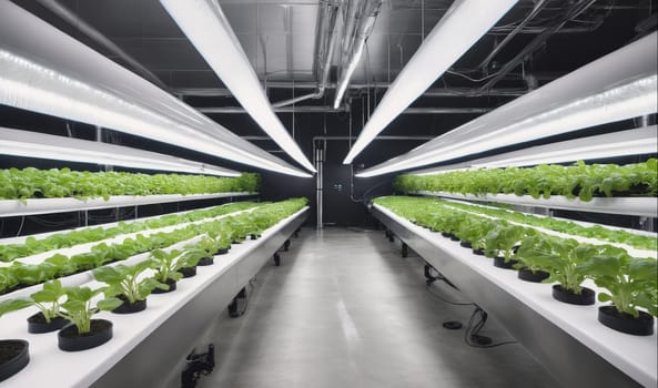 Rows of leafy green lettuce plants grow under bright lights in a hydroponic farm. The plants are in long, white, elevated containers with black drainage pipes. The floor of the farm is gray concrete.