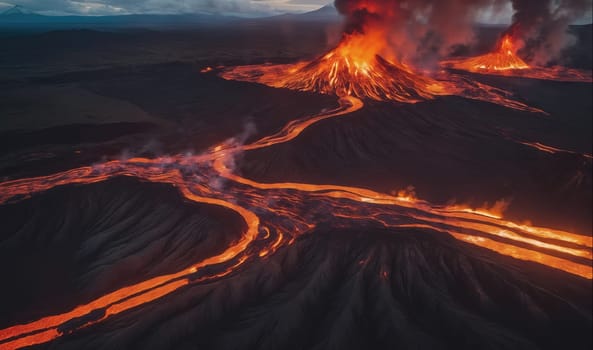 The image captures a dramatic aerial view of an active volcano. The fiery red lava flows down the dark volcanic slopes, creating a striking contrast. Smoke rises from the crater, illuminating the dark sky above. The image showcases the power and beauty of nature's destructive forces.