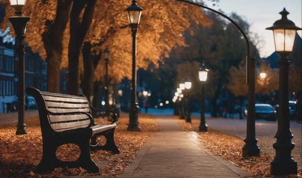 A bench sits under a street lamp on a sidewalk lined with trees, with the glow of streetlights behind it in the distance. Fallen leaves cover the ground. A car drives past in the street behind the bench, and the trees behind the bench have bare branches.