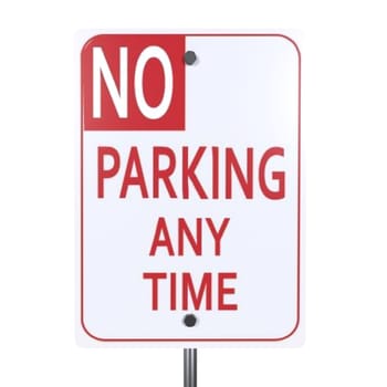 A clear no parking sign advises motorists that parking is prohibited anytime.