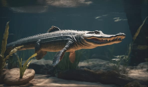 A large, prehistoric crocodile swimming through an aquarium. The crocodile's sharp teeth and scaly skin are visible. The crocodile is swimming in a clear, blue water tank with a rocky bottom. The tank is surrounded by large windows. The crocodile appears to be a model, possibly in a museum exhibit.