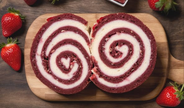 A red velvet and cream cheese roll cake. It is sliced in half and positioned on a wooden cutting board. There are strawberries around the cake, and the image is taken from a top-down perspective.