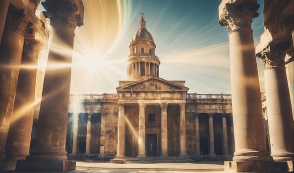 A view of a large, old building with a dome and columns. The sun is shining brightly and the light is filtering through the columns, creating a beautiful effect.
