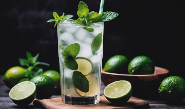 A tall glass of lemonade with fresh mint and ice sits on a wooden cutting board, surrounded by limes, some of which are cut in half. There is also a wooden bowl with several more limes in it. The backdrop is a dark, textured surface.