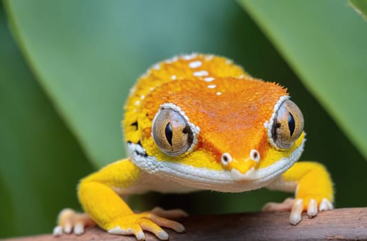 A yellow and orange gecko is perched on a branch, its large eyes focused directly at the camera. The gecko's skin is covered in white spots, and it has a white stripe running along its back. The background is a blur of green leaves.