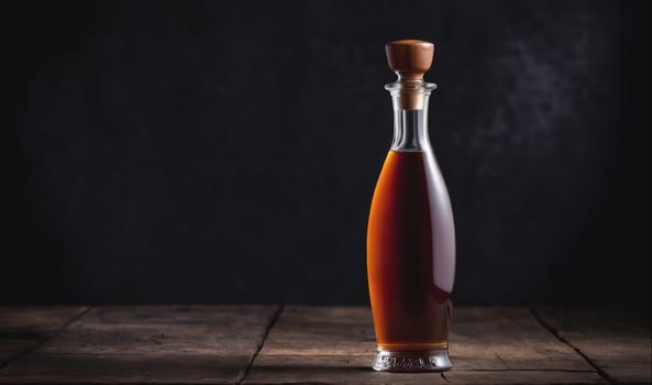 The image shows a decanter of amber liquid on a wooden table against a dark background. The decanter has a glass body with a wooden stopper and is filled with a dark, amber-colored liquid. The table is old and worn, with a rough, textured surface. The background is dark and blurry, creating a sense of mystery and intrigue.