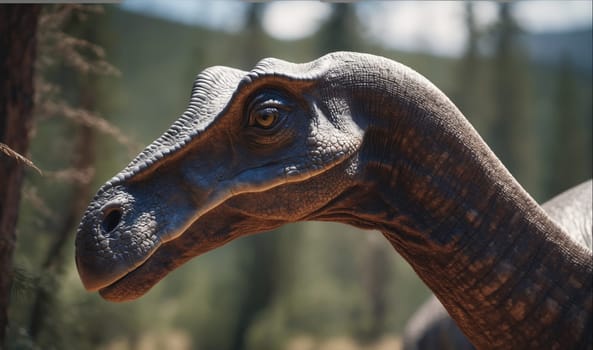 The image shows a close-up of a dinosaur's head. The dinosaur has a long neck, a small head, and a large, dark eye. The dinosaur is looking directly at the viewer, and its eye is wide open. The dinosaur's skin is a dark, gray color, and it is covered in scales. The background is blurred, but it appears to be a forest.