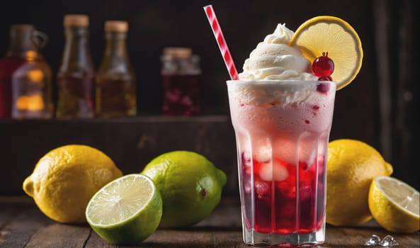 A glass of red, bubbly soda topped with whipped cream, a lemon wedge, and cranberries sits on a wooden surface next to a lemon, lime, and other fruit. Bottles of various liquids sit in the background, out of focus.