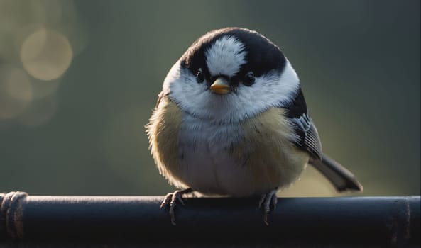 A small bird with a black cap and white cheeks sits perched on a branch with a blurred background. The bird has a yellow belly and a long tail, and its head is turned slightly to the side as it looks directly at the camera.