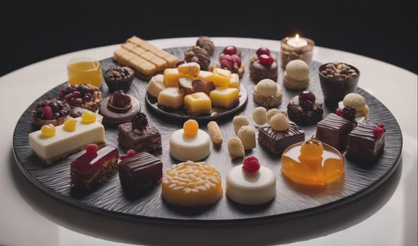 A collection of assorted pastries and candies sit on a dark wooden platter. The platter is surrounded by a white background. The pastries include cakes, cookies, macarons, and chocolate. There is a small glass of orange juice in the background.