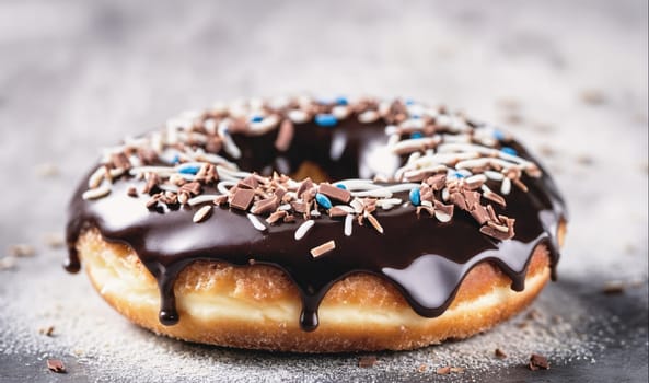 A close-up image of a single chocolate-frosted donut sitting on a gray surface. The donut is glazed with melted chocolate, which is dripping down the sides, and topped with a variety of sprinkles including white, blue, and chocolate. There is a dusting of powdered sugar on the surface below the donut.