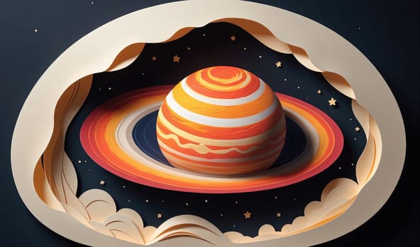 A paper-cut model of a planet with rings is depicted against a dark blue background with white stars. The planet is a vibrant orange, red, and white color, with a ring system that is a muted orange, red, and gray. The model is crafted from thick paper, with each layer carefully cut and layered to create a three-dimensional effect. The edges of the paper are rough and uneven, giving the model a rustic and handmade look.