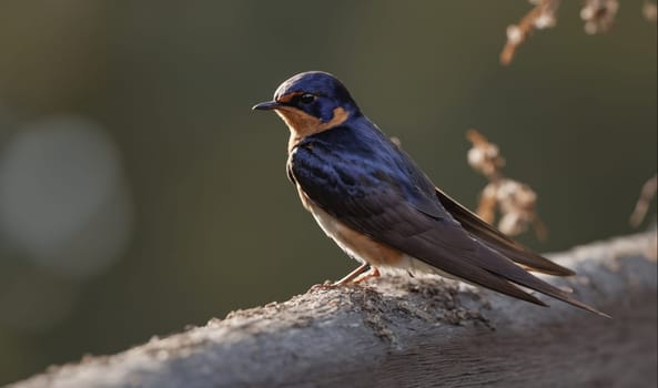 A swallow with dark blue feathers sits on a light brown branch with green foliage in the background. The sun shines brightly behind the bird, creating a bokeh effect.