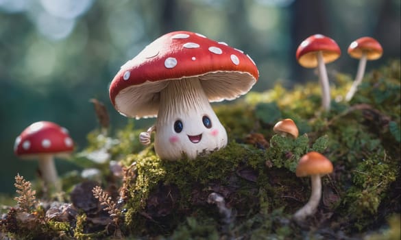 The image shows a red and white mushroom with a smiling face. It is surrounded by other mushrooms and is growing out of the mossy ground. There are green trees in the background.