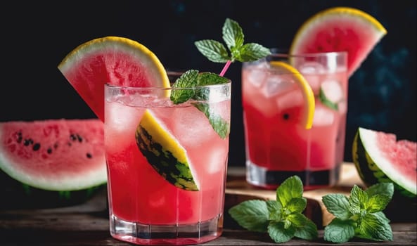 Three glasses filled with watermelon juice, ice, and a slice of watermelon sit on a wooden table next to a half of a watermelon, and a few sprigs of mint leaves.