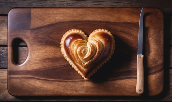 A heart-shaped pastry sits on a wooden cutting board, with a knife beside it. The pastry has a golden brown crust, and the wood grain of the cutting board is visible.