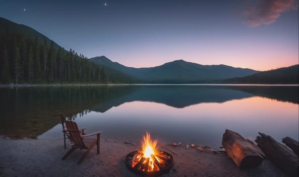 The image shows a calm lake reflecting the sky at twilight. A fire burns in a ring on the sandy shore, a wooden chair sits nearby, and there are trees in the background. The sky is a pale blue with a few stars, and the mountains are silhouetted against the horizon.