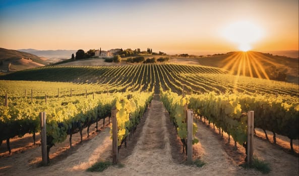 The sun is setting over a vineyard in the countryside. A path leads through the rows of grapevines towards a farmhouse in the distance.