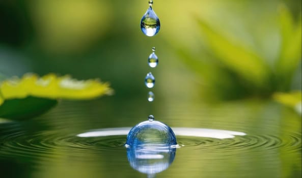 A water droplet falls from above into a pond and creates a small ripple effect in the water. The droplet appears to be frozen in time as it falls. The background is a blurred green, suggesting a natural setting.