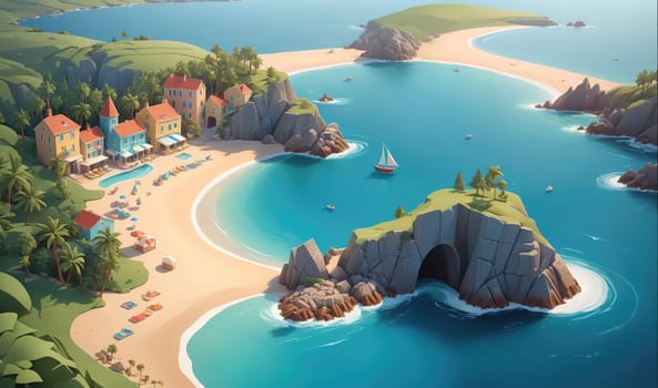 A digital illustration depicts a coastal town situated on a verdant hillside overlooking a beautiful bay. The town features a variety of colorful buildings with white-trimmed windows, a swimming pool, and a sandy beach. The bay is surrounded by rocky cliffs and lush greenery, with a sailboat and a few smaller boats bobbing in the water. The sky is bright blue with a few white clouds.