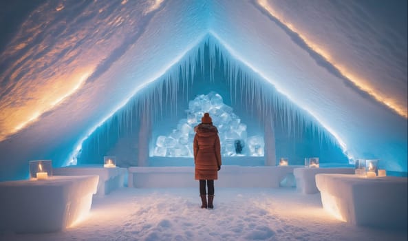 The image shows a woman standing in an ice hotel, illuminated by candlelight. The hotel is carved from snow and ice, with a large ice sculpture in the background. The woman is wearing a warm coat and looking towards the sculpture, which is illuminated by blue lights.