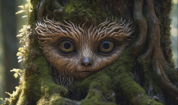 The image shows a mythical creature with large, expressive eyes, a small nose, and a slightly parted mouth. It is nestled among the gnarled roots and moss of a large tree. The creature's fur appears to be made of bark and leaves, blending seamlessly with its surroundings. The background is blurry and green, suggesting a forest setting.