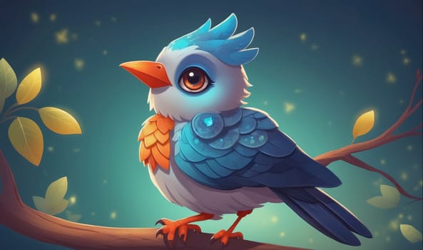 A cartoon bluebird with large, round eyes is perched on a branch with yellow leaves. The background is teal with yellow sparkles.