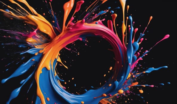 Blue, orange, and pink paint explodes outward from the center of the frame, creating a circle shape. The paint is still wet and splattered around the circle. The background is black.