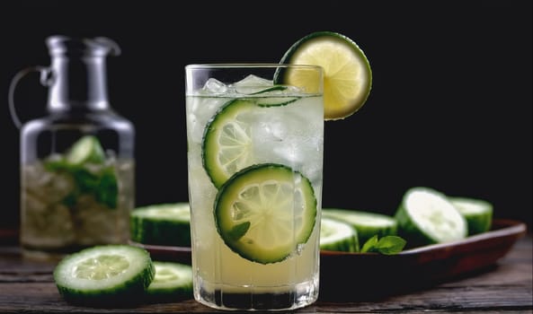 A glass of cucumber and lime water with ice cubes sits on a wooden table. The glass has slices of cucumber and lime floating in the water. In the background, a pitcher of cucumber and lime water and slices of cucumber are sitting on a wooden tray.