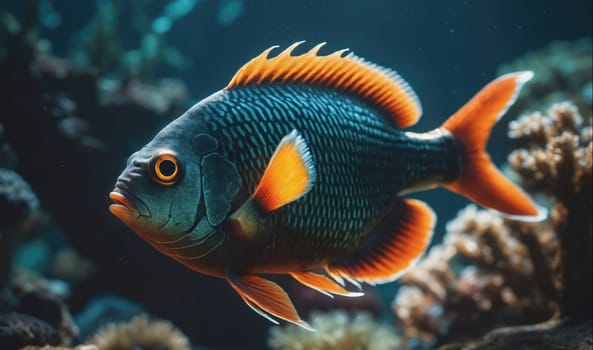 The image shows a blue and orange fish swimming near a coral reef. It is a close-up of the fish, which has bright orange fins and a dark blue body with light blue stripes. The background is a blurred blue color, which is typical of underwater environments.