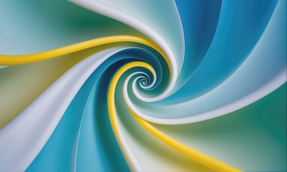 The image features a spiral shape created by overlapping layers of blue, white, and yellow. The colors create a sense of depth and movement, drawing the viewer's eye into the center.