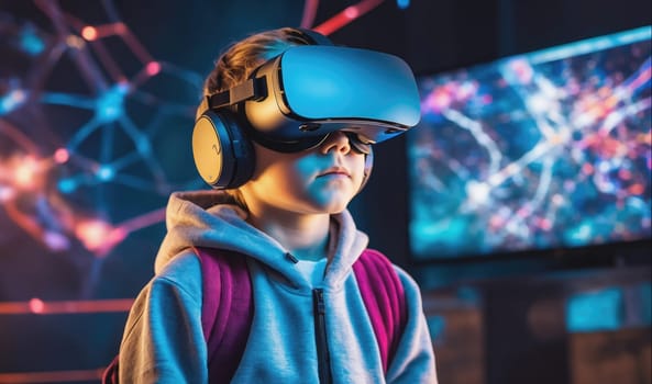 A young child wearing a virtual reality headset looks intently at the screen while exploring a digital world. The headset is attached to the child's head with a strap, and the child is wearing a grey hoodie and a purple backpack. The child is standing in front of a blurry background with glowing lights, likely in an interactive digital environment.