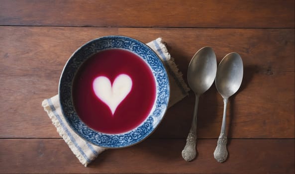 A bowl of red soup with a heart-shaped design sits on a wooden table next to two spoons. The bowl has a blue and white design, and the spoons are silver. The soup is likely a type of beet soup, and the heart-shaped design is likely made from cream or milk. The photo has a romantic and cozy feel, and it would be perfect for a Valentine's Day or other special occasion.