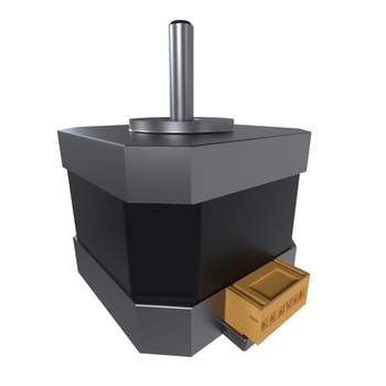 A detailed view of a black stepper motor with gold wiring components.