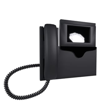 A minimalist black wall-mounted phone is designed for contemporary office environments.