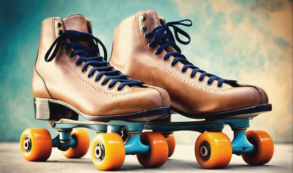 A pair of brown roller skates with blue laces and orange wheels are sitting on a concrete floor. The skates are in front of a blurry background that appears to be a wall painted blue and yellow. The left skate is closer to the camera.