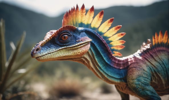 A close-up of a brightly colored dinosaur with a distinctive crest of feathers. The dinosaur's head is turned to the side, looking towards the viewer, its large, dark eyes focused intently. The backdrop is a blurred image of a green forest.