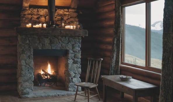 A fireplace in a cabin is lit and burning brightly, with the flames dancing up the chimney. The fireplace is made of stone and is surrounded by wooden walls. A window is open to the side of the fireplace and looks out on a snowy mountain scene. A chair and a table are positioned next to the window.