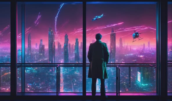 A man is standing on a balcony, looking out of a window at a futuristic city. There are tall buildings, neon lights, and two helicopters flying in the sky. The sky is a vibrant mix of pink, purple, and blue. The man is wearing a long, dark coat, and he is looking out at the city with a thoughtful expression.