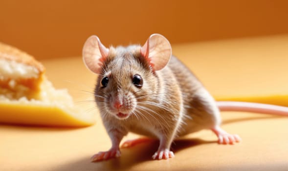 A brown mouse sits near a piece of cheese on a beige surface, looking at the viewer. The mouse has large ears, a long tail, and whiskers.