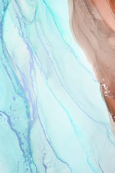 The artwork features a blend of soft blue and peach hues, creating a tranquil composition that resembles flowing water and organic forms under natural light.