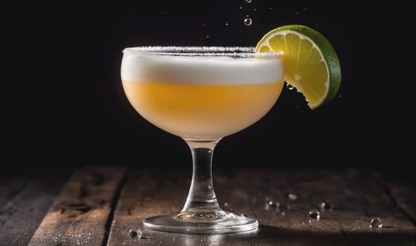 A cocktail with a sugared rim sits on a wooden surface. The drink has a foamy top and is garnished with a lime wedge. There are water droplets on the table.