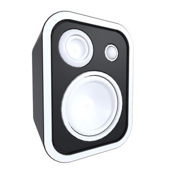 A modern audio speaker with a sleek black and white design showcasing dual drivers.